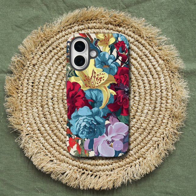 Lebhafte Gartenmonogramm farbige Vintage Blume iPhone 16 Hülle (Von Creator hochgeladen)