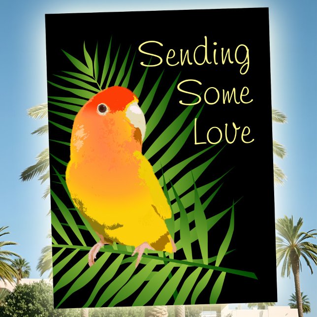 Lebhafte gelbe Lovebird-Liebhaber von Pet Bird Postkarte (bright yellow Lovebird postcard pop art style for pet loss or greeting, peachfaced lutino pet bird.)