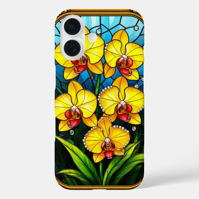 Lebhafte gelbe Orchideen in Ziergoldrahmen iPhone 16 Hülle (Rückseite)