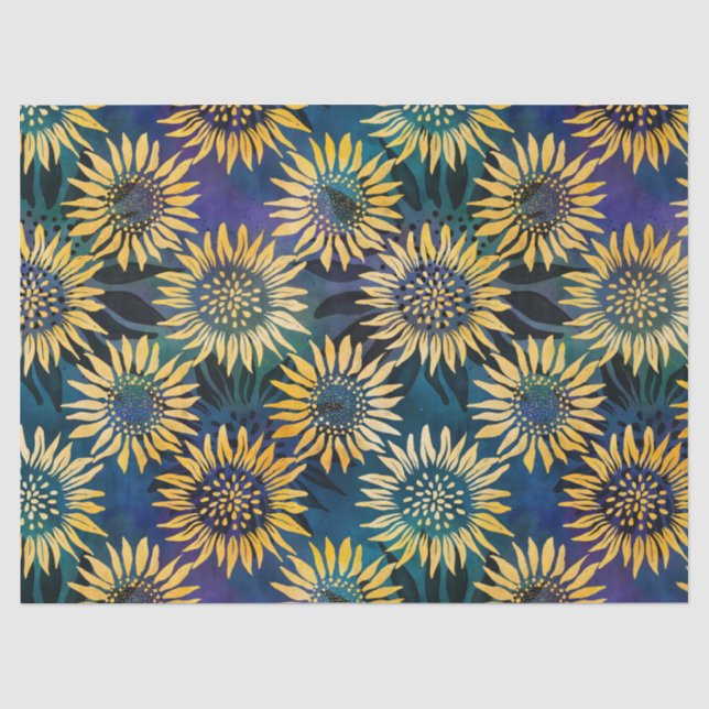 Lebhafte gelbe Sonnenblumen auf Lila Decoupage Seidenpapier (Vorderseite)