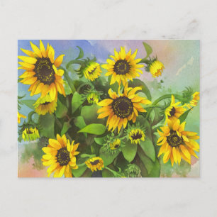 Lebhafte gelbe, wasserfarbene Sonnenblumen Postkarte