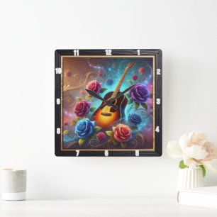 Lebhafte Gitarre umgeben von bunten Rose Quadratische Wanduhr