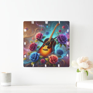 Lebhafte Gitarre umgeben von bunten Rose Quadratische Wanduhr