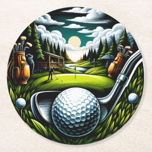 Lebhafte Golflandschaft mit Clubs und Balls Runder Pappuntersetzer