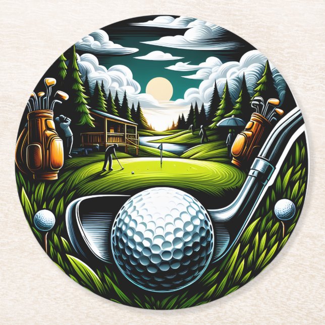 Lebhafte Golflandschaft mit Clubs und Balls Runder Pappuntersetzer (Vorderseite)
