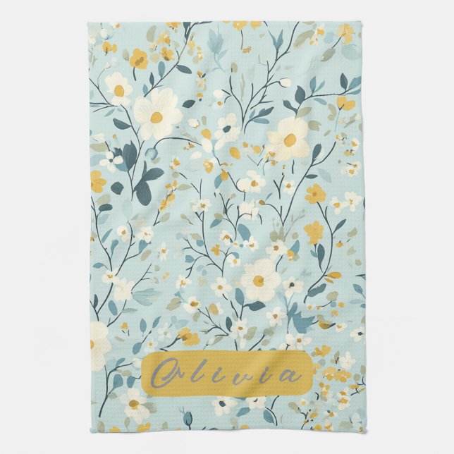 Lebhafte, grün-gelb-weiße Blume Geschirrtuch (Vertikal)