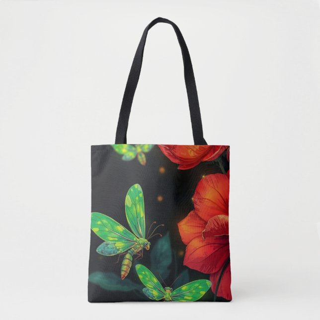 Lebhafte grüne Glühfliegen und glühende rote Blume Tasche (Vorderseite)