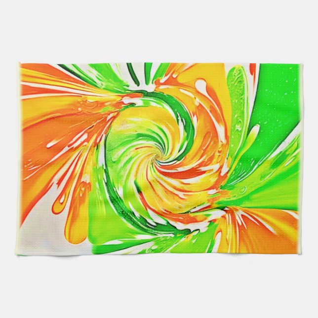 Lebhafte Grüne Orange Swirl Art Geschirrtuch (Horizontal)