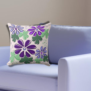 Lebhafte grüne und Lila Klee und Blume Doodle Kissen