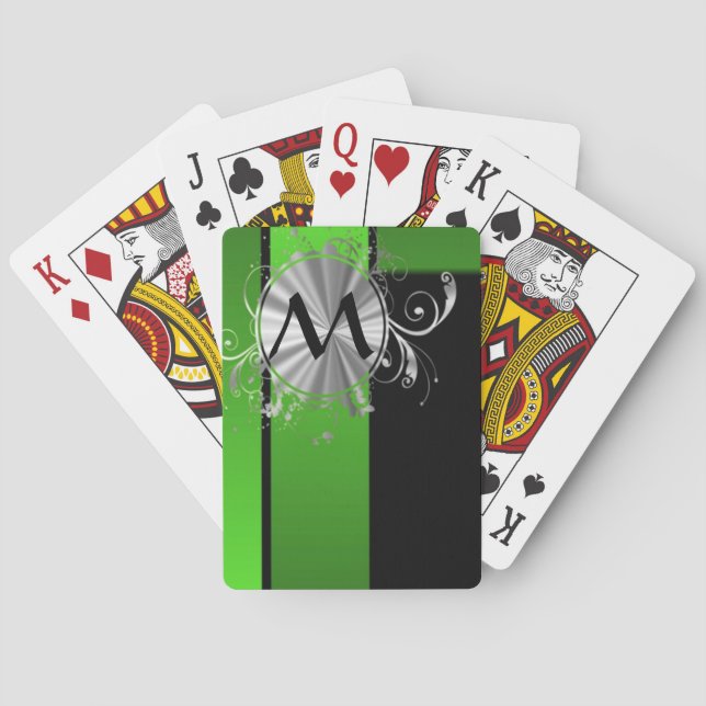 Lebhafte grüne und schwarze Monogramm Spielkarten (Rückseite)
