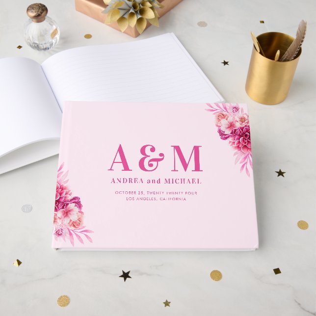 Lebhafte, heiß rosa Monogramm Elegante Hochzeit Gästebuch (Vorderseite Offen)