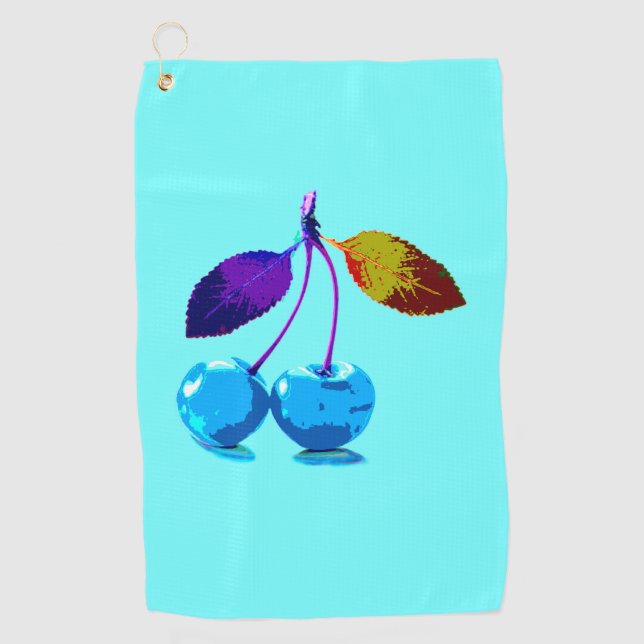 Lebhafte hellblaue Kirschen Pop Art Golfhandtuch (Vorderseite)