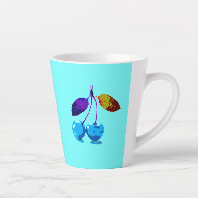 Lebhafte hellblaue Kirschen Pop Art Milchtasse (Rechts)