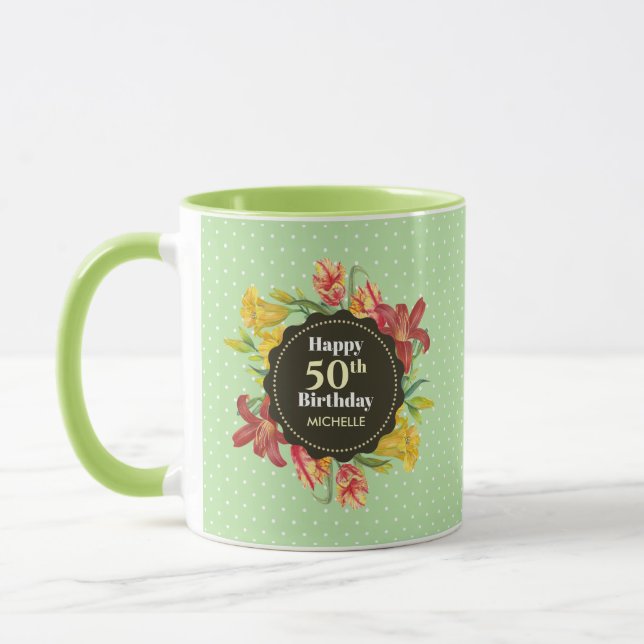 Lebhafte, helle Frühlingsblumen Wreath Birthday Fr Tasse (Links)