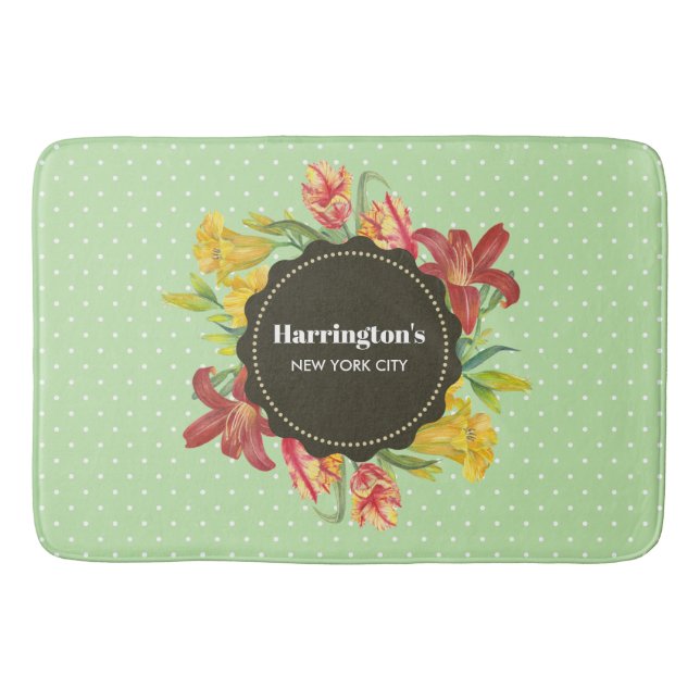 Lebhafte, helle Frühlingsblumen Wreath Polka Dots Badematte (Vorderseite)