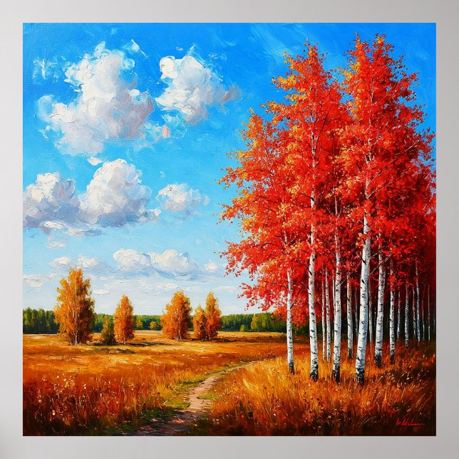 Lebhafte Herbstlandschaft mit roten Bäumen und ein Poster (Vorne)