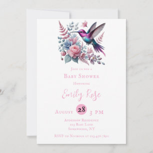 Lebhafte Hummingbird & Pink Blooms Girl Baby Showe Einladung