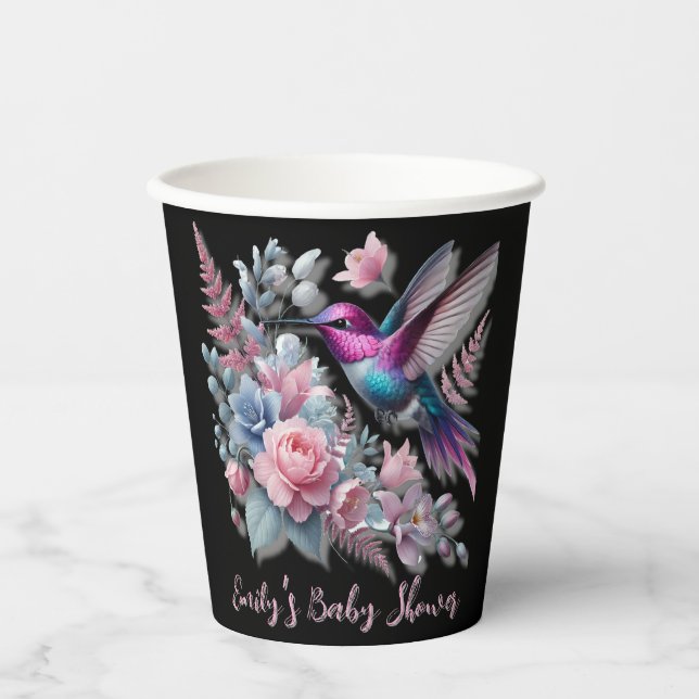 Lebhafte Hummingbird und rosa Blütendusche Pappbecher (Vorderseite)