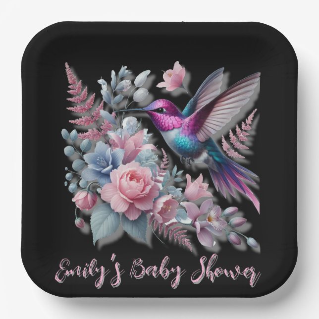 Lebhafte Hummingbird und rosa Blütendusche Pappteller (Vorderseite)