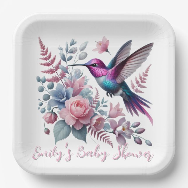 Lebhafte Hummingbird und rosa Blütendusche Pappteller (Vorderseite)