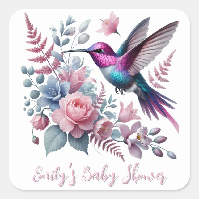 Lebhafte Hummingbird und rosa Blütendusche Quadratischer Aufkleber (Vorderseite)