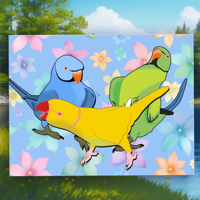 Lebhafte IndianerRingneck Lebhafte Tiere Postkarte (Vibrant Indian Ringneck Parakeet Postcard - Playful Pop Art Birds in Green, Blue & Yellow )