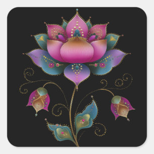 Lebhafte indische Mehndi Lotus Blume Pink Blue Gol Quadratischer Aufkleber