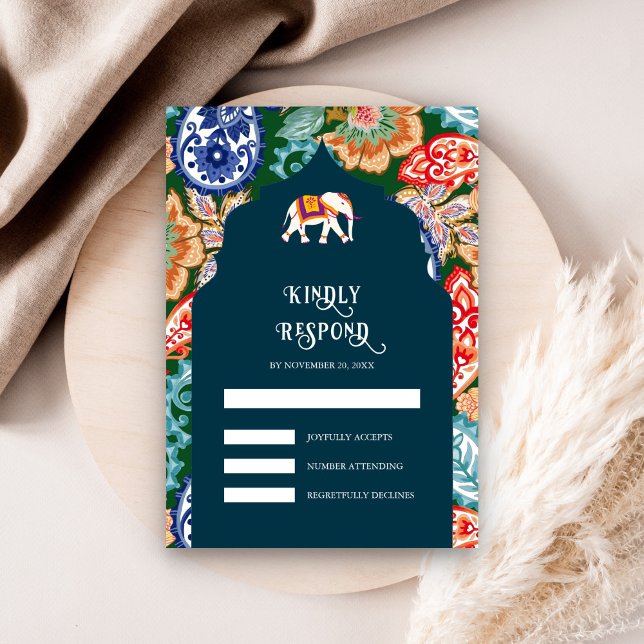 Lebhafte indische Volkskunst Elefant Dark Blue Wed RSVP Karte (Von Creator hochgeladen)