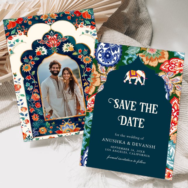 Lebhafte indische Volkskunst Elefant Dark Blue Wed Save The Date (Von Creator hochgeladen)