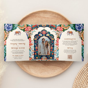 Lebhafte indische Volkskunst-Hochzeit Dreifach Gefaltete Einladung