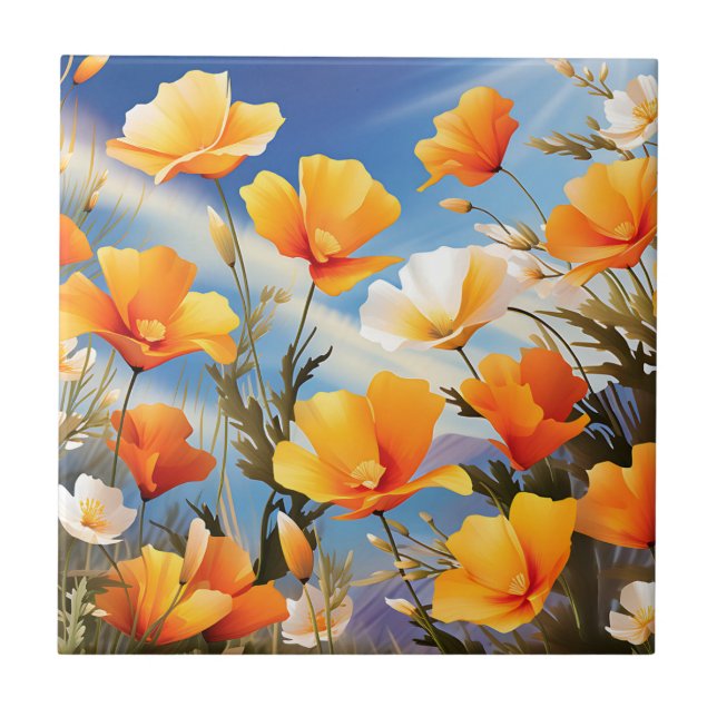 Lebhafte kalifornische Poppies Meadow Fliese (Vorderseite)