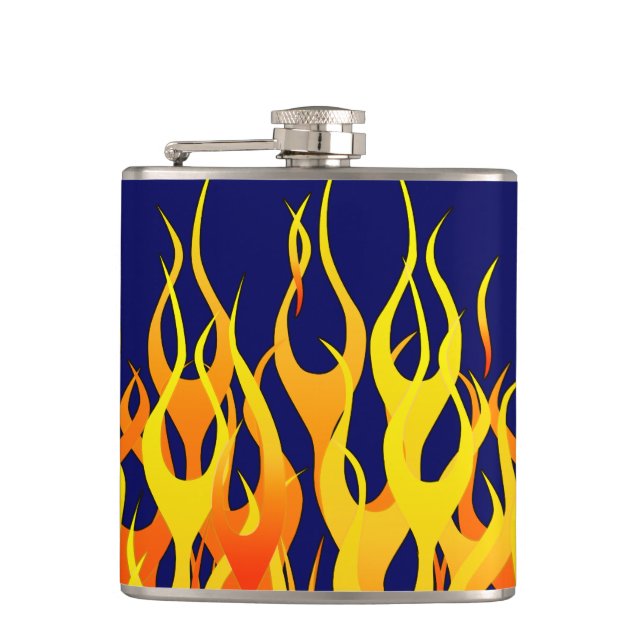 Lebhafte klassische Racing-Flammen auf Navy Blue Flachmann (Vorderseite)