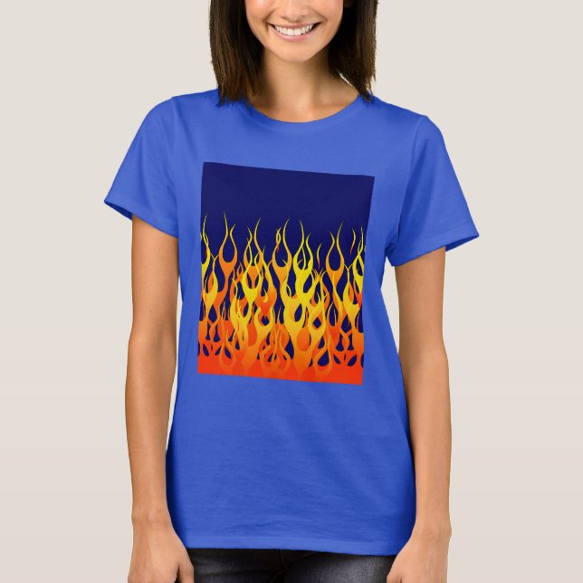Lebhafte klassische Racing-Flammen auf Navy Blue T-Shirt (Vorderseite)
