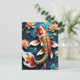 Lebhafte Koi und wunderschöne Blume Aquatic Scene Feiertagspostkarte