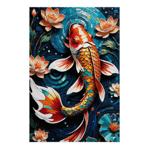 Lebhafte Koi und wunderschöne Blume Aquatic Scene Poster