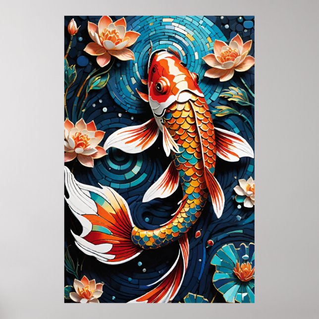 Lebhafte Koi und wunderschöne Blume Aquatic Scene Poster (Vorne)