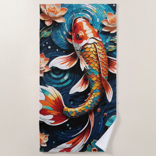 Lebhafte Koi und wunderschöne Blume Aquatic Scene Strandtuch