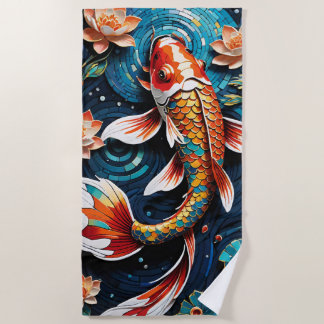 Lebhafte Koi und wunderschöne Blume Aquatic Scene Strandtuch