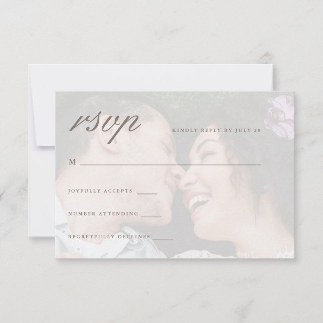 Lebhafte Korallenrückseite mit Front-Foto-Hochzeit RSVP Karte (Vorderseite)