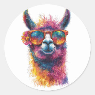 Lebhafte Lama Head Illustration - farbenfroh, einz Runder Aufkleber