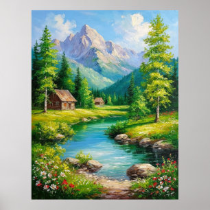 Lebhafte Landschaft mit Bergen, Flusslandschaft Poster