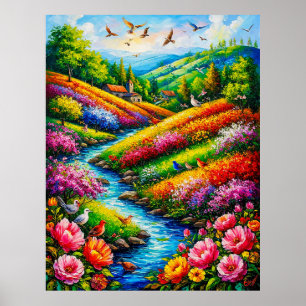 Lebhafte Landschaft mit blühenden Blume Poster