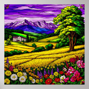 Lebhafte Landschaft und Aussicht auf die Berge Poster