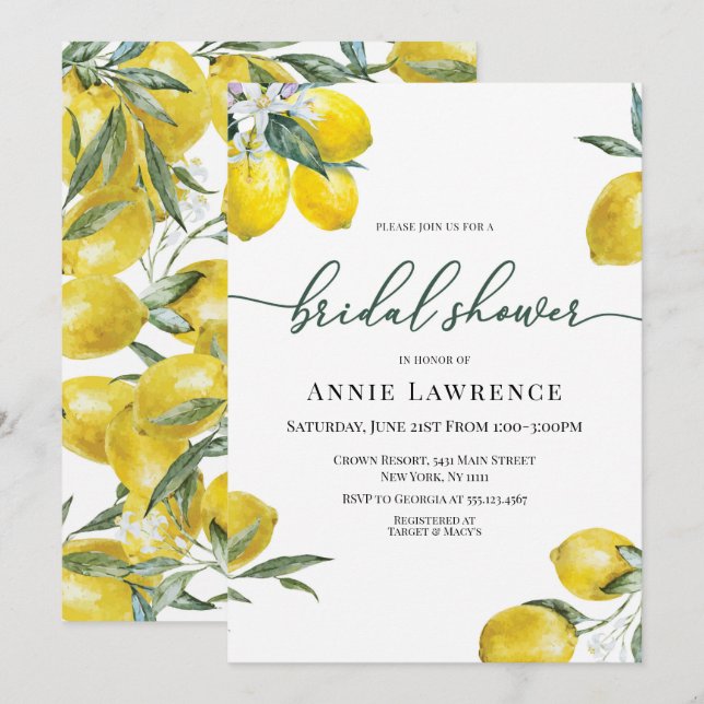 Lebhafte Lemon Bridal Dusche Einladungen (Vorne/Hinten)