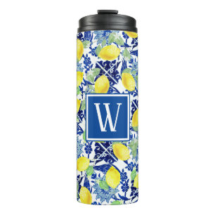 Lebhafte Lemons und blaue Flora Monogramm Thermosbecher