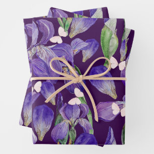 Lebhafte Lila Iris-Blume und Schmetterlinge Geschenkpapier Set