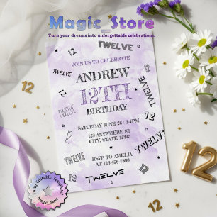 Lebhafte Lila Wasserfarbe 12. Zahlen Geburtstag Einladung