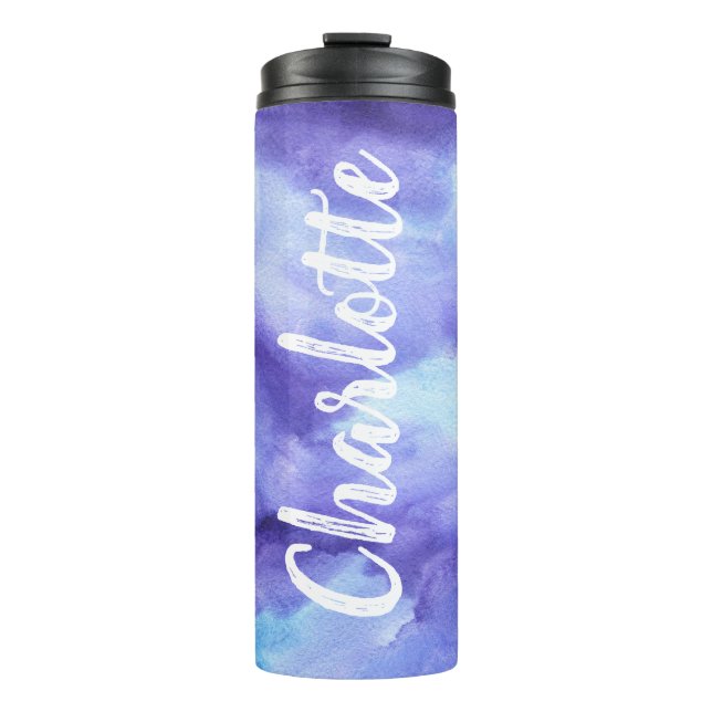 Lebhafte Lila Wasserfarbe Personalisiert mit Name Thermosbecher (Vorderseite)