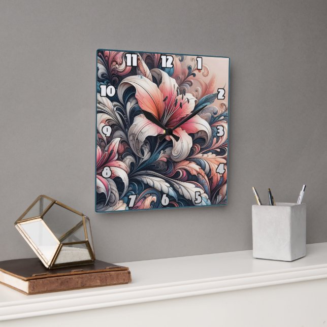 Lebhafte Lilienblüten mit faszinierenden Wirbel Quadratische Wanduhr (Büro)