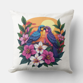 Lebhafte Lovebirds bei Sonnenuntergang mit tropisc Kissen